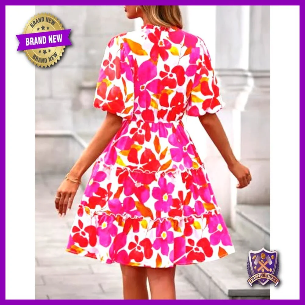 Summer Floral V-Neck Short Sleeve Tiered Ruffle Boho Swing Mini Dress